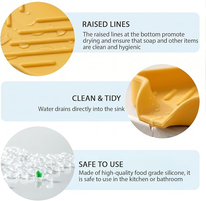 MicoYang Silicone Soap Dish with Drain Spout, Self-Draining Sink Organizer Tray for Bathroom and Kitchen, Sponges, Dispensers and Soap Holder, Non-Slip & Dishwasher Safe, Yellow (Compact, 4.9"×3.2")