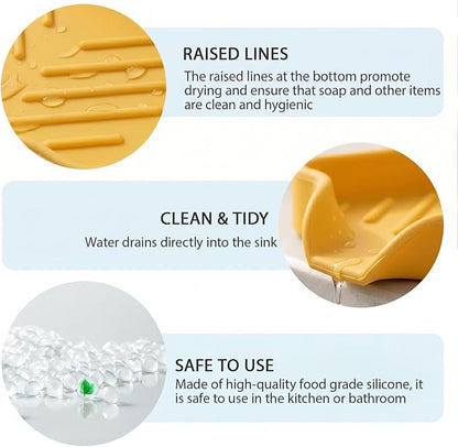 MicoYang Silicone Soap Dish with Drain Spout, Self-Draining Sink Organizer Tray for Bathroom and Kitchen, Sponges, Dispensers and Soap Holder, Non-Slip & Dishwasher Safe, Yellow (Compact, 4.9"×3.2")