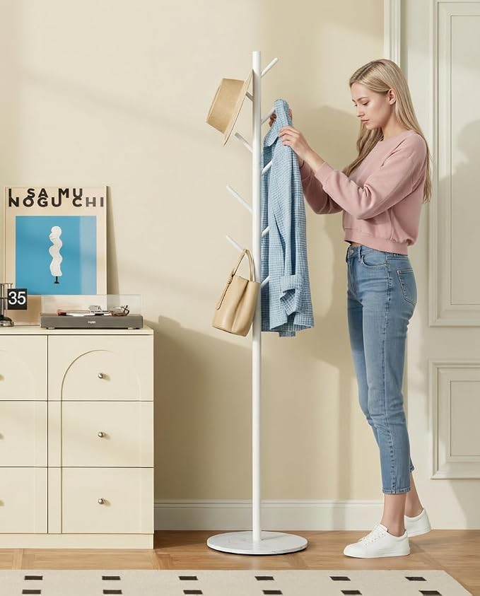 Coat Rack with 8 Hooks, 3 Adjustable Heights, Modern Hall Tree, Sturdy Metal Clothes Stand with Sintered Stone Base for Entryway, Office, Bedroom, for Coats, Hats, Handbags and Scarves, White