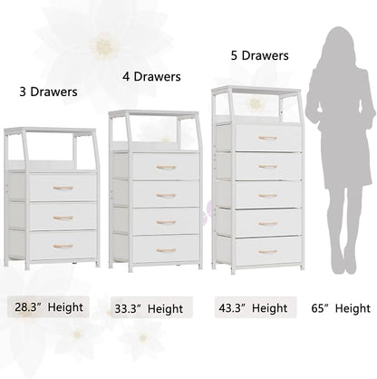 Furnulem White Nightstand with 3 Drawers and 2-Tier Shelf, Small Night Stand End Table Side Furniture, Fabric Storage Organizer for Bedroom, Closet, Hallway, Nursery, Sturdy Steel Frame, Wood Top