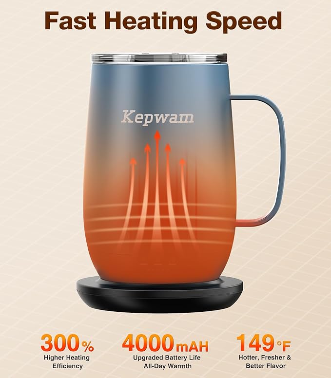 Kepwam Heated Coffee Mug T2-Plus, 20oz Leading Large Capacity Self Heating Mug, Up to 8 Hrs Battery & Hot Up to 149℉, Smart Coffee Mug for Women, Men