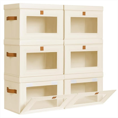 Homsorout Medium Fabric Storage bins - Collapsible Storage Bins with Open Window, 6 Pack Closet Baskets for Shelves, Stackable Decorative Boxes for Home, Dorm, Beige, 13.7"x 9.8" x 9.8"