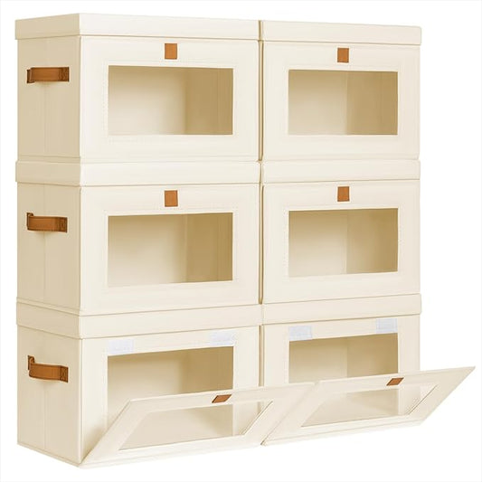 Homsorout Medium Fabric Storage bins - Collapsible Storage Bins with Open Window, 6 Pack Closet Baskets for Shelves, Stackable Decorative Boxes for Home, Dorm, Beige, 13.7"x 9.8" x 9.8"