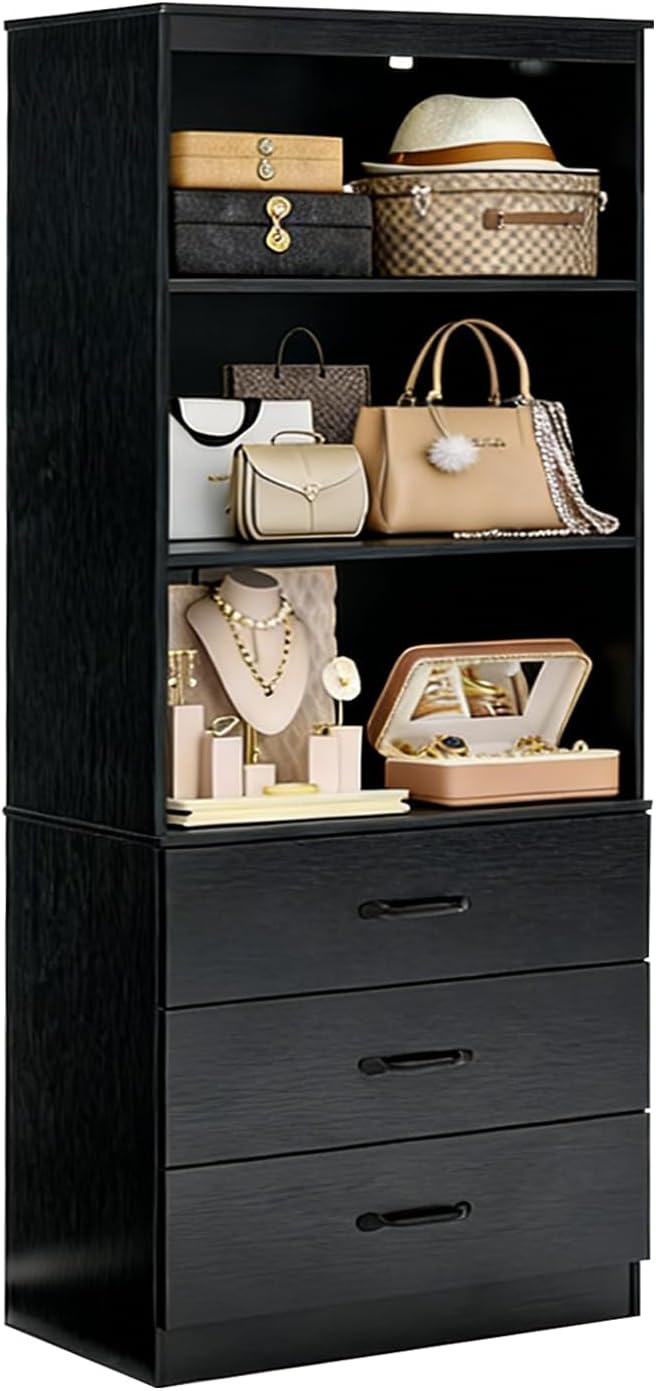 Tall Bookshelf with 3 Open Shelves and 3 Drawers, Wooden Bookcase with Storage Cabinet for Living Room, Bedroom, Home Office, Black