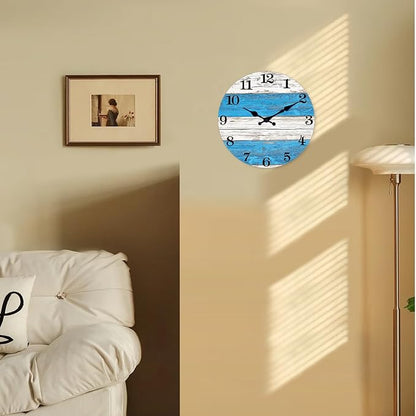 XNM Kitchen Clocks Wall Battery Operated 14 Inch Blue and White Wall Clock Silent Round Farmhouse Clock for Wall(No Solid Wood, It is with MDF Material)