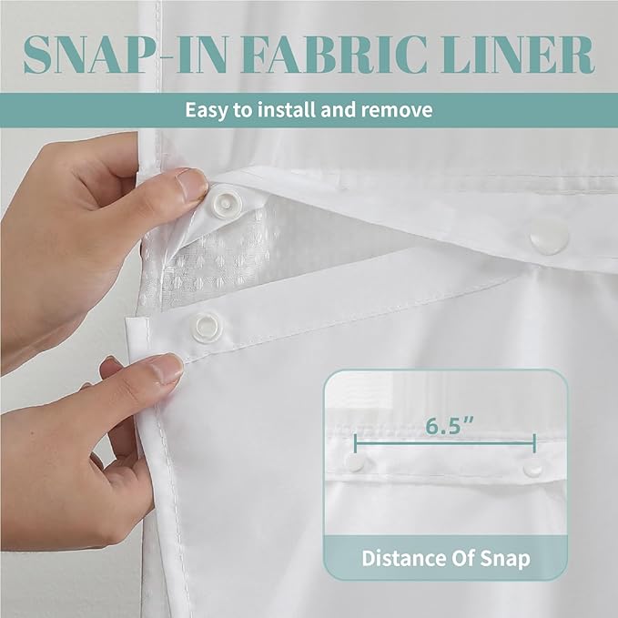 White No Hook Waffle Weave Shower Curtain with snap-in Liner Replacement, 230GSM Waterproof Fabric Hotel Shower Curtain Set for Bathroom, Through Mesh Top Window,71Wx77H
