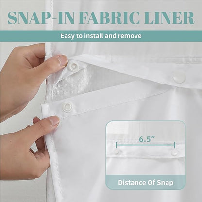 White No Hook Waffle Weave Shower Curtain with snap-in Liner Replacement, 230GSM Waterproof Fabric Hotel Shower Curtain Set for Bathroom, Through Mesh Top Window,71Wx74H