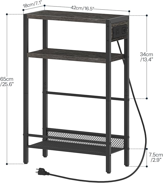 HOOBRO Small Narrow Side Table with Charging Station, Skinny End Table for Small Spaces, Slim Nightstand with USB Ports Outlet, Sofa Beside Table with Storage Shelf,Black and Charcoal Black BC102UBZ01