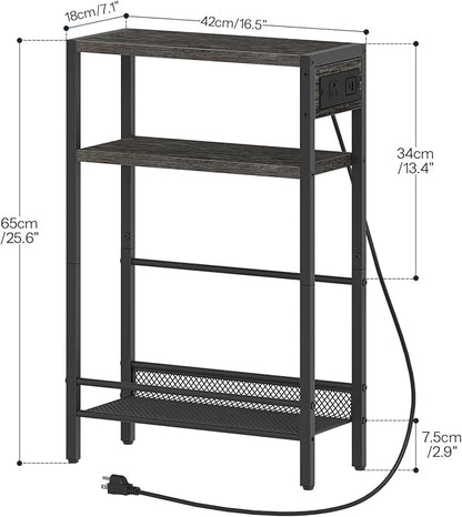 HOOBRO Small Narrow Side Table with Charging Station, Skinny End Table for Small Spaces, Slim Nightstand with USB Ports Outlet, Sofa Beside Table with Storage Shelf,Black and Charcoal Black BC102UBZ01