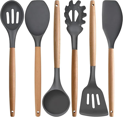 IOCBYHZ Kitchen Cooking Utensils Set, 6Pcs Silicone Kitchen Utensils Set Spatula Spoon Soup Ladle Turner, Heat Resistant Wooden Handle Silicone Cooking Gadgets for Nonstick Cookware & Baking BPA FREE