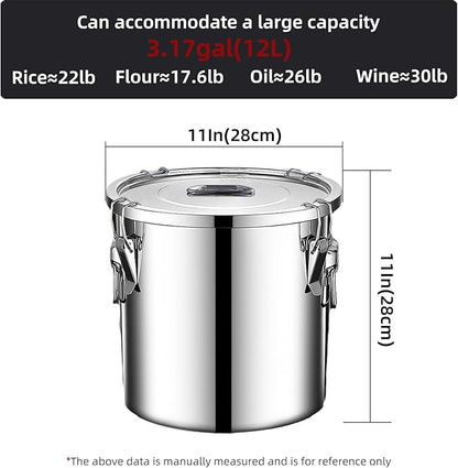304 stainless steel food storage containers with lids lock clips airtight container large airtight for rice flour sugar grain coffee bean storage containers Kitchen jar (3.17gal/12L)