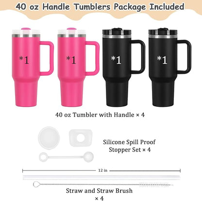 4 Pack 40 Oz Tumblers with Handle Bulk, Double Wall Vacuum Insulated Stainless Steel Tumblers with Lid and Straw, 40 oz Cup with Silicone Spill Proof Stopper Set (Black-2,Hot Pink-2)