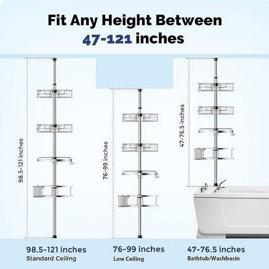 HAMITOR Corner Shower Caddy Tension Pole: Quick Installation 4-Tier Rustproof Bathroom Organizer Shelves for Bathtub Shampoo Storage - 47-121 inch Adjustable Floor Standing Bath Rack Holder - Silver