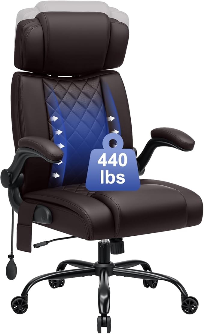 VANSPACE Executive Office Chair with Adjustable Lumbar Support and Headrest 440lbs Ergonomic Computer Chair Comfy High Back Swivel Rolling Office Chair with Flip-up Arms for Heavy People(Brown)