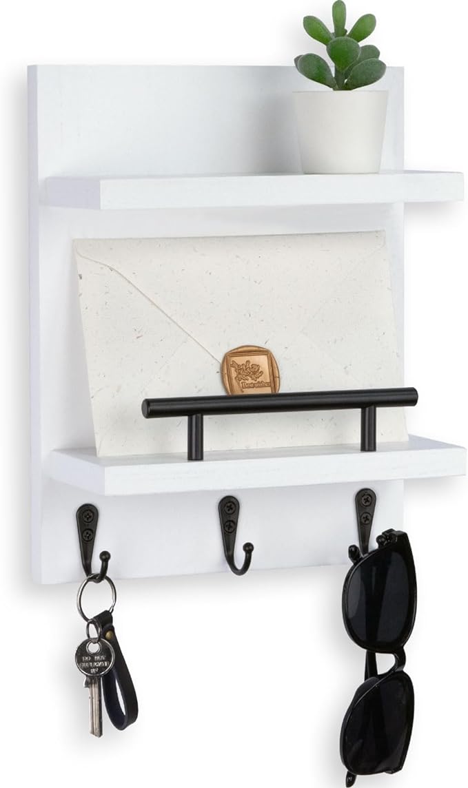 Key Holder Wall Mount, Mail Shelf Decor with 3 Key Hooks, Versatile Wood Wall Organizer for Entryway Hallway (8.2” x 10.6”x 3.6”) (White)