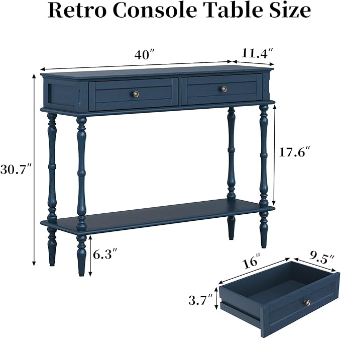 ARTPOWER Console Table for Entryway with 2 Drawers-Minimal Assembly,Blue Retro Entryway Table with Storage Cabinets and Open Shelf,Narrow Long Couch Table Behind Sofa for Living Room,Foyer,Hallway