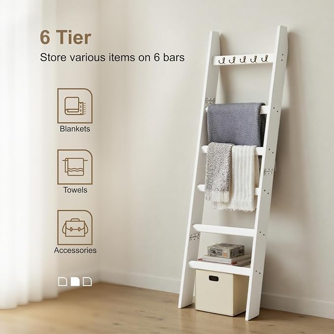 TEAKMAMA 6-Tier Blanket Ladder for Living Room and Bedroom,5.4 Ft Wall Leaning Quilt Rack with Hooks,Rustic Decorative Farmhouse Blanket Storage,Stylish Ladder Holder,Easy to Assemble,White