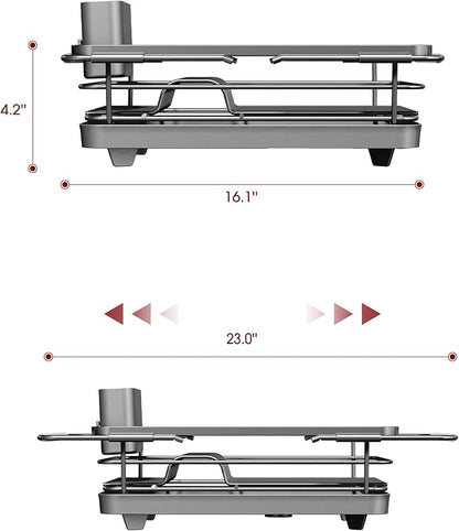 Extendable Dish Drying Rack Over Sink with Dish Drainer, Sink Organization and Storage Essentials with Silverware & Utensil Holder, Home and Apartment Decor, 12" W x 16.1~23" L, Silver