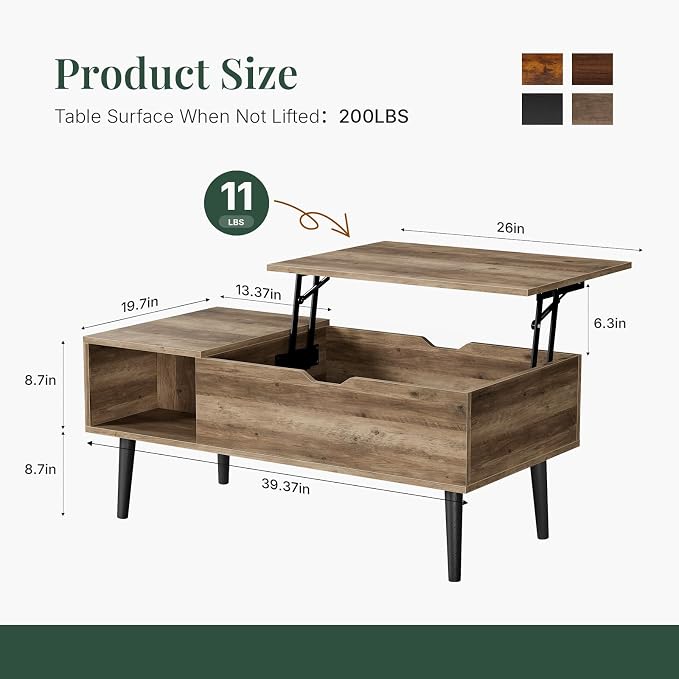 Wood Lift Top Coffee Table with Hidden Storage Compartment & Open Shelf, Multi-Functional Wooden Tabletop Dining Table for Living Room, Home Small Space