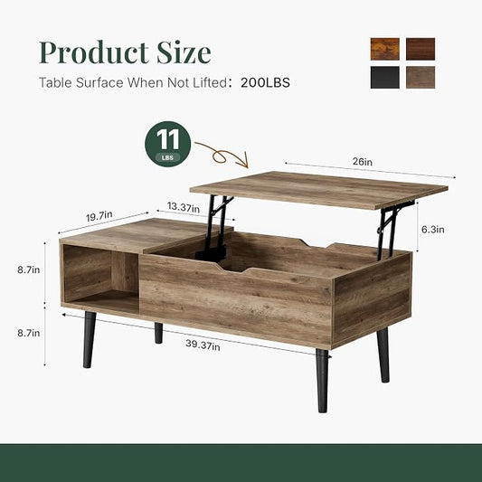 Wood Lift Top Coffee Table with Hidden Storage Compartment & Open Shelf, Multi-Functional Wooden Tabletop Dining Table for Living Room, Home Small Space