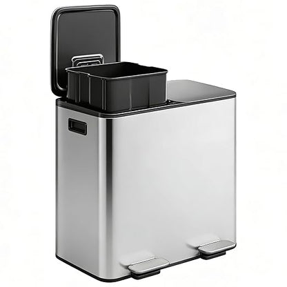 GarveeHome 2 x 8 gal Stainless Steel Double Trash Can with Lid for Kitchen, Large Dual Trash and Recycle Bin Combo, Step-on Kitchen Metal Garbage Cans, PP Inner Buckets, Liner Rim