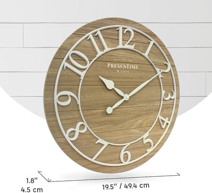 Presentime & Co Classic Farmhouse Shiplap Clock, 19.5 inch, White Arabic Numerals with Ash Wood Shiplap Style. Large Farmhouse Decor for Living Room, Entryway, Home Office, Wall Décor