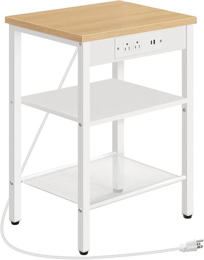 HOOBRO Side Table with Charging Station and USB Ports, Small End Table for Small Space, 3-Tier Nightstand with Adjustable Shelf, for Living Room, Bedroom and Balcony, Natural and White WN112BZ01