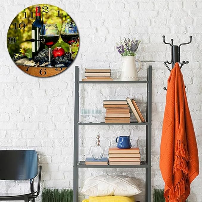 Grape Wall Clock 10 Inch Silent Non Ticking Battery Operated Wooden Modern Office Simple Minimalist Clock Decorative for Kitchen Home Bathroom Living Room