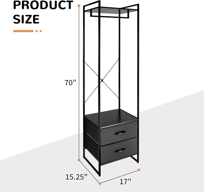 Clothing Rack with 2 Fabric Drawers - Black Steel Frame & Wood Shelf - Durable Clothes Stand Organizer with Hanging Rod - Space-Saving Closet Storage for Shirts, Dresses & Jackets