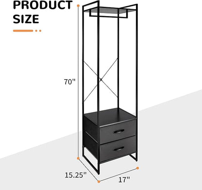 Clothing Rack with 2 Fabric Drawers - Black Steel Frame & Wood Shelf - Durable Clothes Stand Organizer with Hanging Rod - Space-Saving Closet Storage for Shirts, Dresses & Jackets