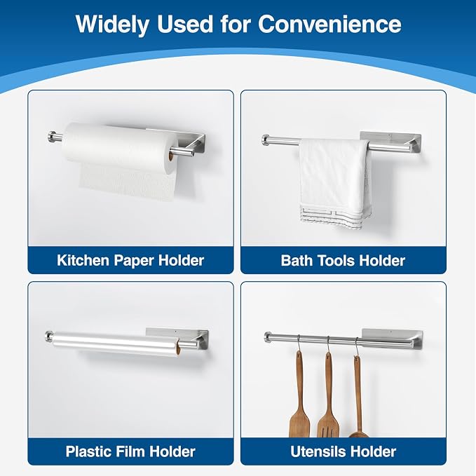 Paper Towel Holder - Self-Adhesive or Drilling, Brushed Nickel Wall Mounted Rack - SUS304 Stainless Steel Kitchen Roll Holder Under Cabinet (2 Pack)