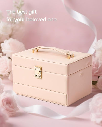 CASEGRACE Jewelry Organizer Box,3 Layers Leather Jewelry Storage Case with Portable Jewelry Case, Removable Jewelry Tray, Home and Travels Storage,Gift for Women (pink)