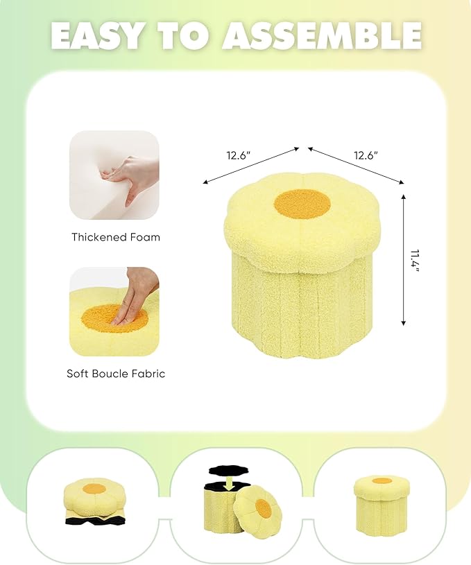 B FSOBEIIALEO Storage Ottoman Foldable, Sunflower Shaped Small Footrest Collapsible Folding Seat Bench for Bedroom Living Room Entryway, Faux Teddy Fur, Yellow 12.6"x12.6"x11.4"