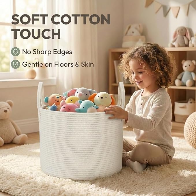 JMvicyroam 65L Extra Large Blanket Basket for Living Room - Woven Cotton Rope Laundry Hamper with Reinforced Handles - Storage Bin for Pillows, Comforters & Toys - Machine Washable,White