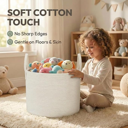 JMvicyroam 65L Extra Large Blanket Basket for Living Room - Woven Cotton Rope Laundry Hamper with Reinforced Handles - Storage Bin for Pillows, Comforters & Toys - Machine Washable,White