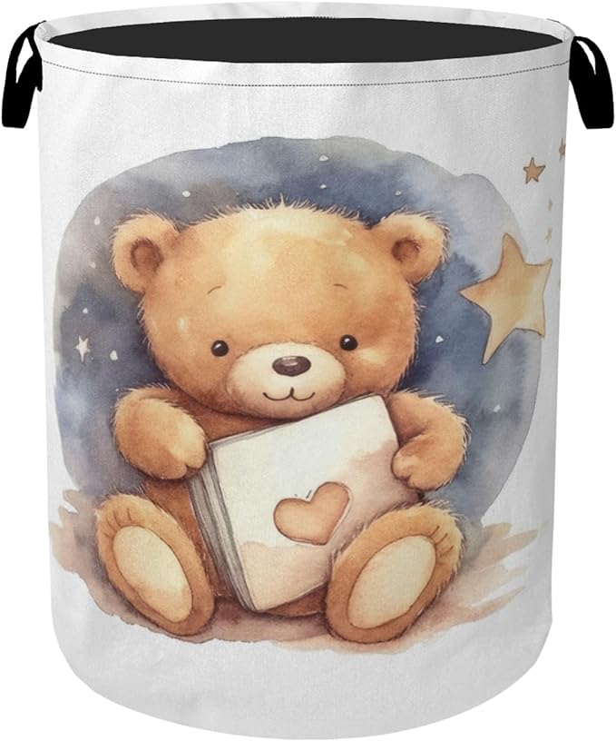 Cute Bear Good Night Foldable Canvas Laundry Basket with Handles - Toy Organizer, Heavy Duty for Home，Bedroom, Dorm, Bathroom
