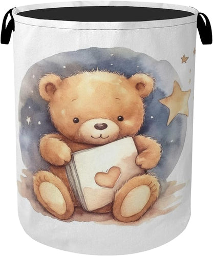 Cute Bear Good Night Foldable Canvas Laundry Basket with Handles - Toy Organizer, Heavy Duty for Home，Bedroom, Dorm, Bathroom