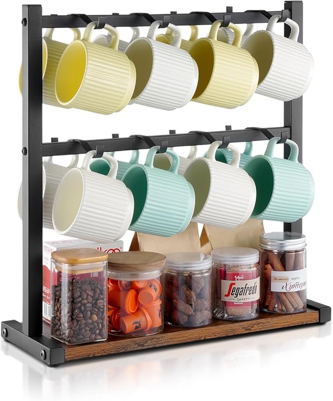 VEVOR Coffee Mug Holder for Countertop, 16 Hooks Coffee Cup Holder with Storage Base, 2 Tier Mugs Tree Rack Carbon Steel & Wood Mug Display Stand, for Coffee Bar Home Storage and Display