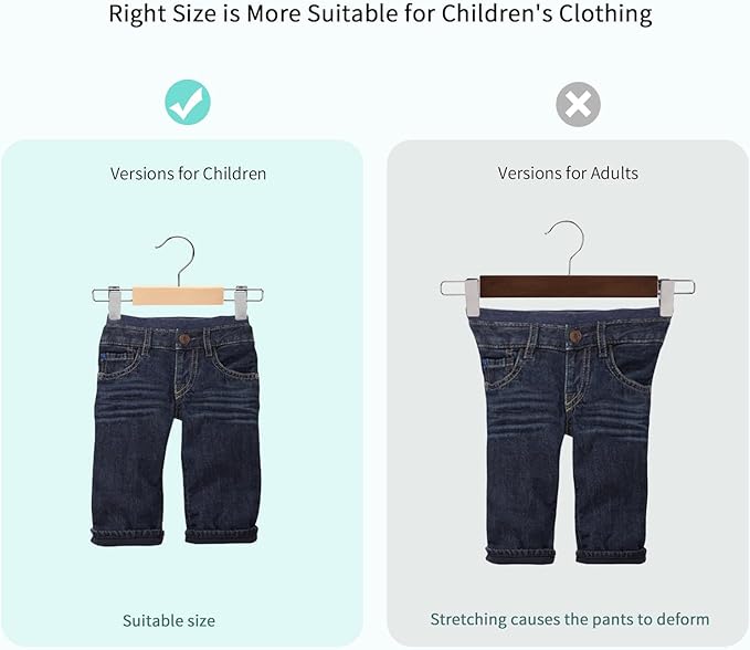 Nature Smile 20 Pack 10.2 Inches Unfinished/Natural Kids Baby Toddler Infant Children Solid Wooden Pants Skirts Hangers Wood Trousers Bottom Hangers with 2-Adjustable Clips 360° Stronger Swivel Hook