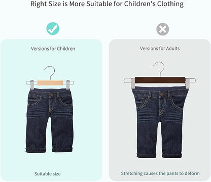 Nature Smile 20 Pack 10.2 Inches Unfinished/Natural Kids Baby Toddler Infant Children Solid Wooden Pants Skirts Hangers Wood Trousers Bottom Hangers with 2-Adjustable Clips 360° Stronger Swivel Hook
