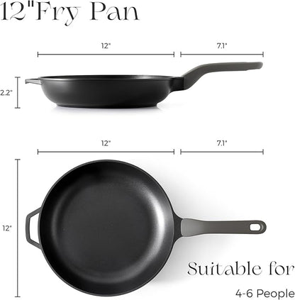 PRICUSIS Nonstick Frying Pan, 8/10/12 Inch Skillet with Stay Cool Handle, Fully Coated, Induction Compatible & Oven Safe, 100% Dishwasher Safe, PTFE & PFOA Free（12 Inch, Black Sesame）