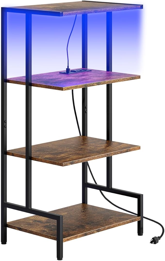 Arbuxzuy 4-Tier AV Media Stand with Power Outlet and LED Lights,Wooden Stereo Stand Cabinet,Game Console Shelf for Small Space,Audio Rack Stand Tower Ideal for Video DVD Players,Xbox