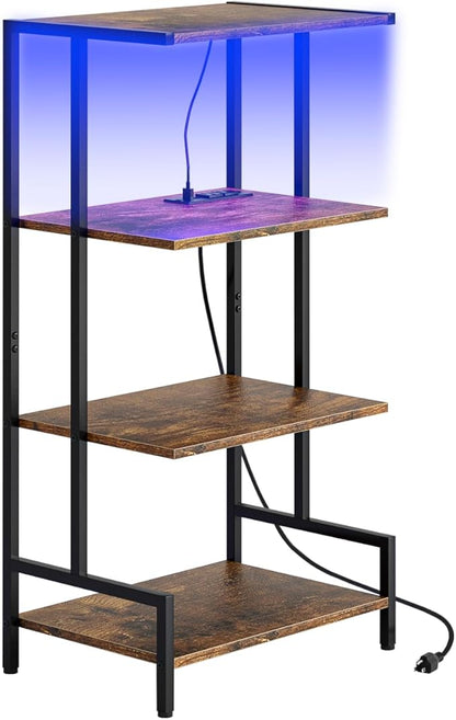 Arbuxzuy 4-Tier AV Media Stand with Power Outlet and LED Lights,Wooden Stereo Stand Cabinet,Game Console Shelf for Small Space,Audio Rack Stand Tower Ideal for Video DVD Players,Xbox