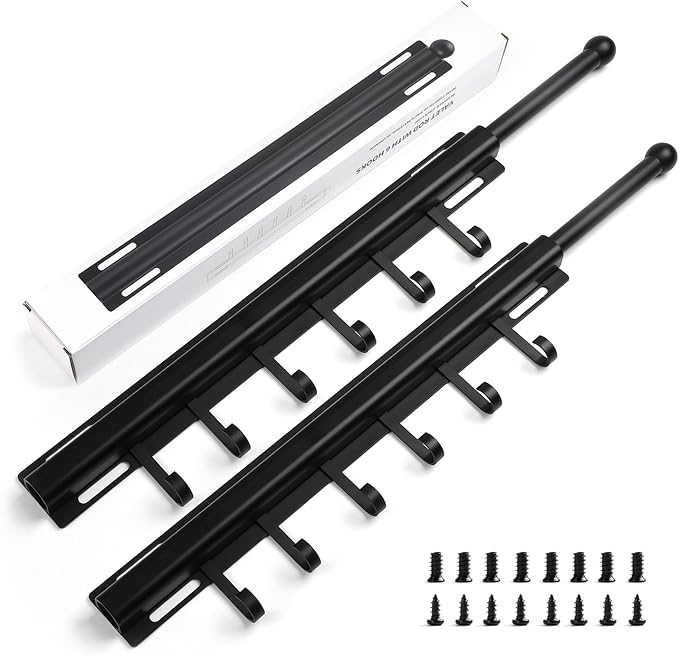 16.5" Valet Rod for Closet Pull Out With 6 Hooks Valet Rods for Closets (2Pack Black) Closet Valet Rod Slide Out