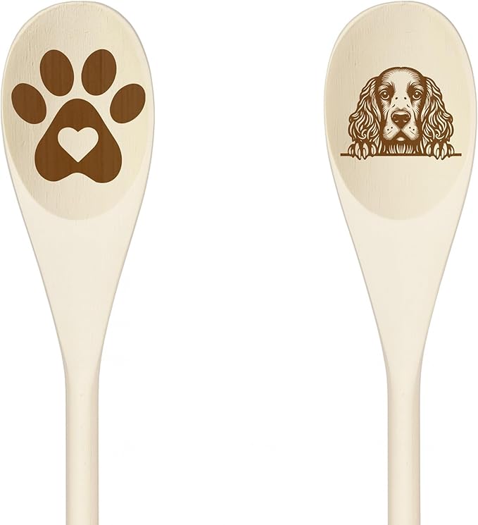 AMERICAN WHITE SPANIEL Wooden Spoons for Cooking, Serving or Decorative Kitchen Utensils Set Dog Lover Dog Mom/Dad Gift with Peeking Dog Designs, Paw Print and Dog Head, Kitchen Utensils Set of 2
