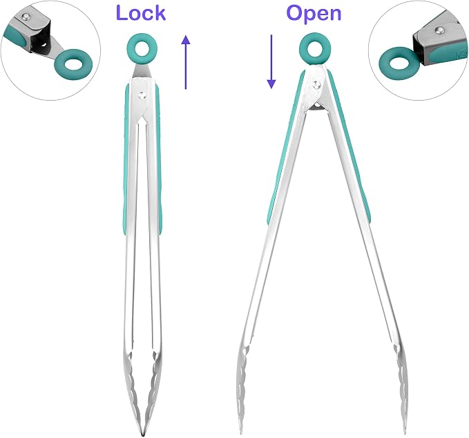 ALLWIN-HOUSEWARE W 304 Stainless Steel Kitchen Cooking Tongs, 12" and 14" Set of 2 Sturdy Grilling Barbeque Brushed Locking Food Tongs with Ergonomic Grip, Aqua Sky