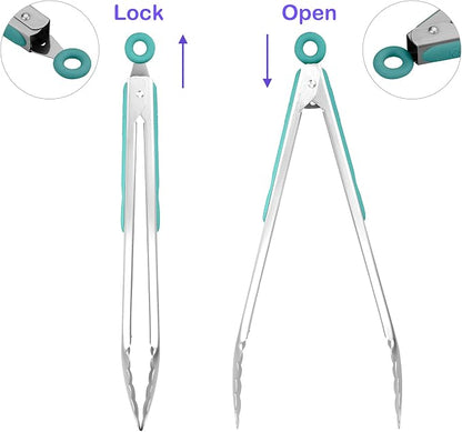 ALLWIN-HOUSEWARE W 304 Stainless Steel Kitchen Cooking Tongs, 12" and 14" Set of 2 Sturdy Grilling Barbeque Brushed Locking Food Tongs with Ergonomic Grip, Aqua Sky
