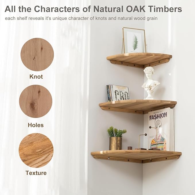 Conamily Corner Shelves, Floating Corner Shelf, Set of 2 16inch Solid Oak Wood Wall Shelves, Round End Wall Mount Display Shelf with Wire Hole for Bedroom Kitchen, Living Room (Oak, 16in 2P)