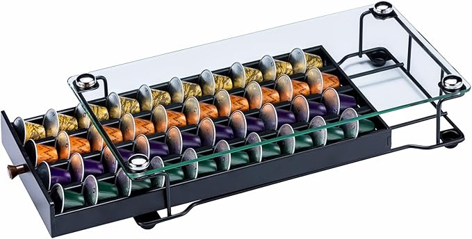 ZCDCP Coffee Pod Holder, Black Nespresso Original Pod Holder, Coffee Capsule Storage Drawer with Crystal Tempered Glass Top, 40 Pods