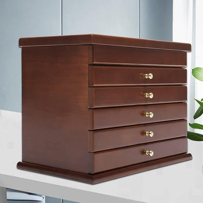 Wood Jewelry Box 6-Tier Large Jewelry Organizer Cabinet with 5 Drawers Women Girls Storage Display Case for Necklace Rings Earrings Accessories, with Mirror and Lock (Without Mirror-brown)